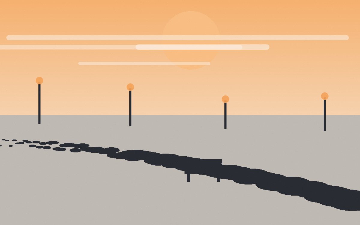 A park path curving into an orange sunrise, lamp posts still on