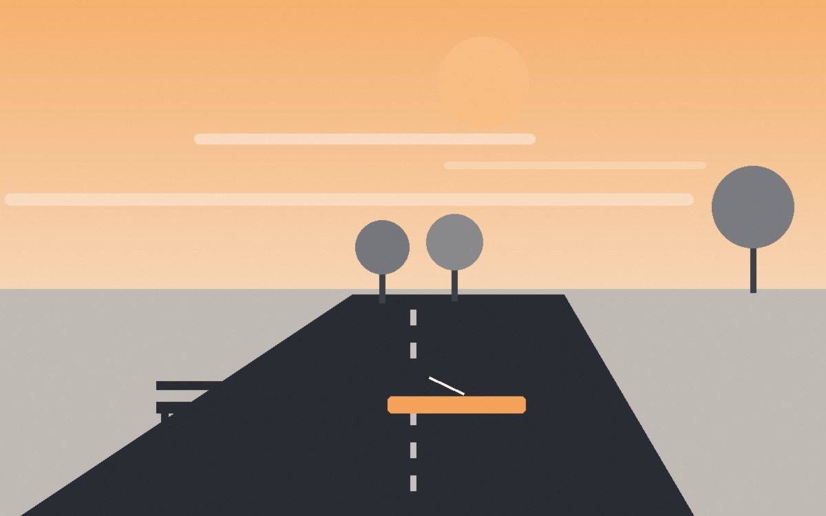 A park path curving into an orange sunrise with a bench at the end