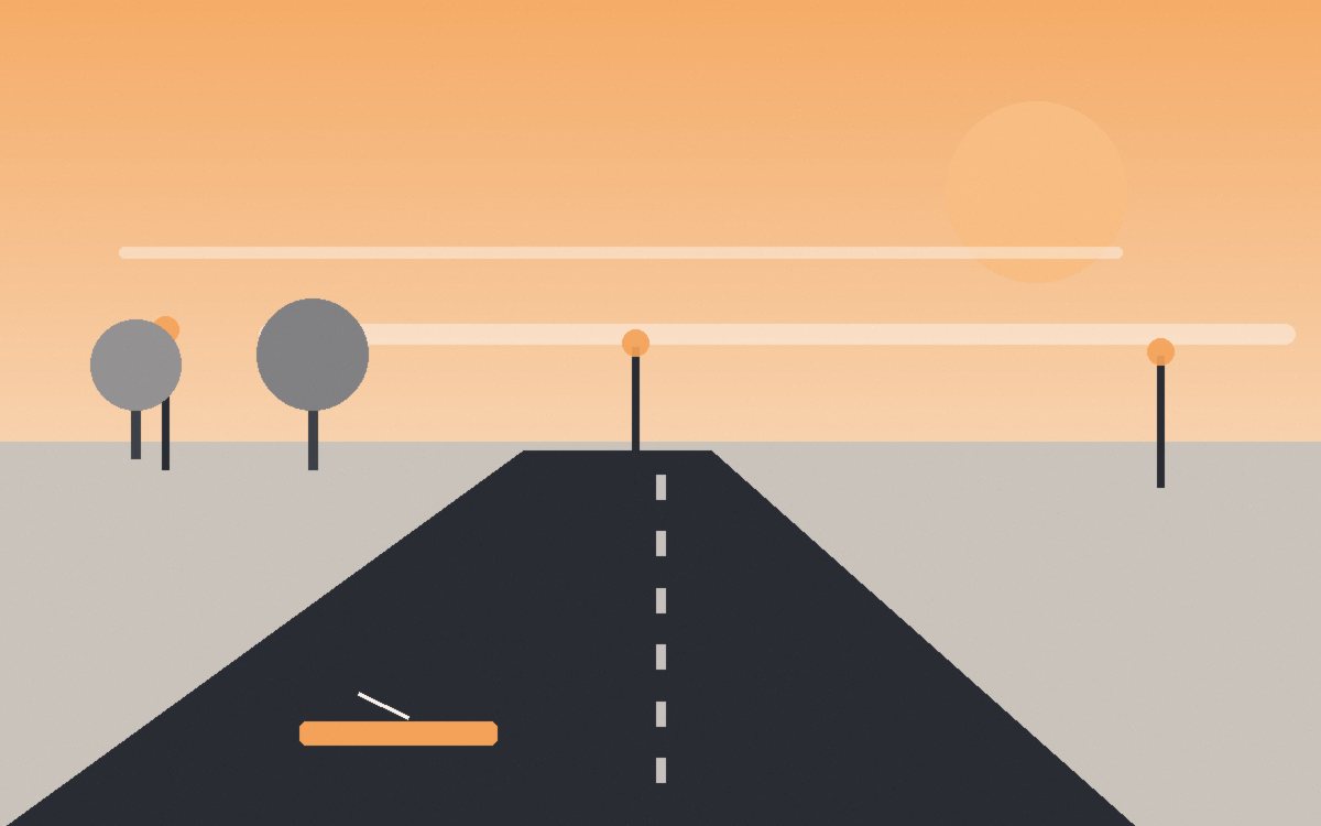 A row of lamp posts along a lit park stretch at dawn, receding into orange sky